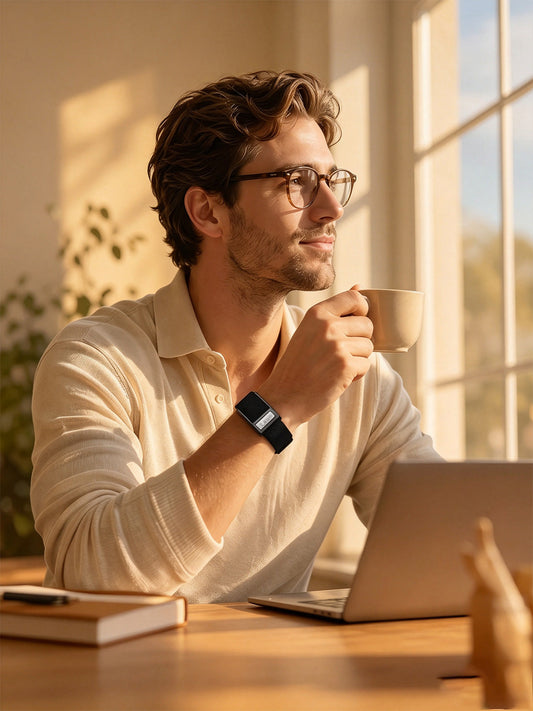 JCVital Pro V8 screenless smart band worn during a quiet workday