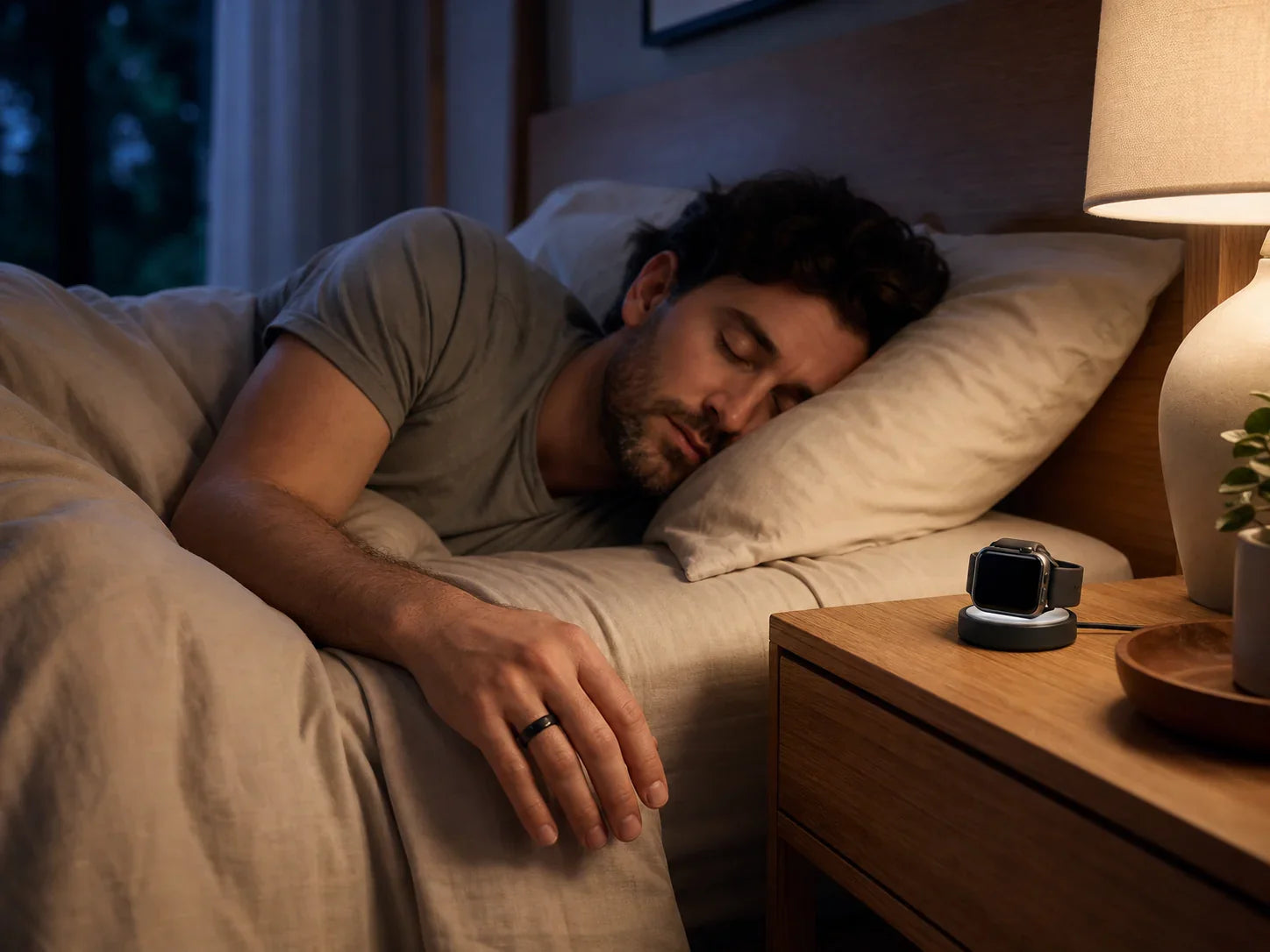 Smart ring and smartwatch sleep tracking setup during overnight charging comparison